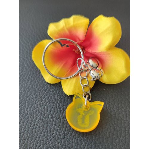 Porte Clés Epoxy Jaune Chat Et Métal Argenté
