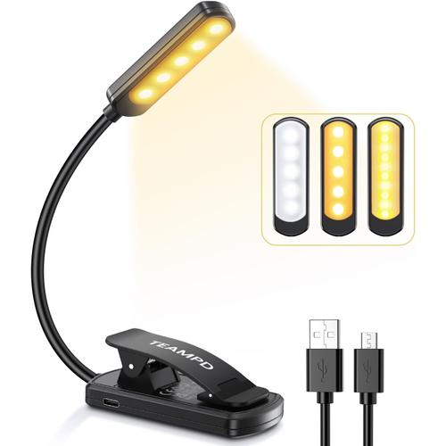 Lampe de Lecture,10 LEDs Liseuse Lampe Clip USB Rechargeable, 360°Cou  Flexible, 3 Couleur & 100%-10% à Intensité Variable, Mini Veilleuse pour  Lire au Lit,Enfant,Kindle,Voyage,Camping