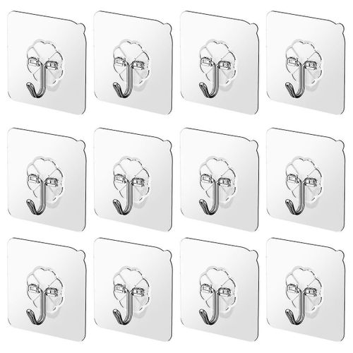 12 pièces Neuvième Cinq Crochets muraux adhésifs, 13,2 lb/6 kg (max) Crochets de plafond et de porte collants robustes, Crochets transparents sans couture réutilisables pour salle de bain et kit