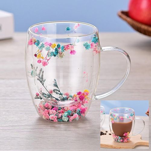 ERYI-350Ml Tasse Cappuccino Verre Latte Macchiato Tasse Double Paroi Verre Cafe Tasses À Thé Belle Fleurs Séchées Tasse A Cafe (D)