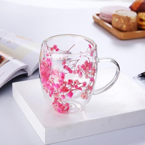ERYI-350Ml Tasse Cappuccino Verre Latte Macchiato Tasse Double Paroi Verre Cafe Tasses À Thé Belle Fleurs Séchées Tasse A Cafe (E)