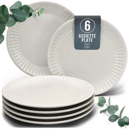 Eryi-Service De Vaisselle En Grès Pour 6 Personnes - Grandes Assiettes En Grès Hygge Design Scandinave - Assiettes À Dîner, Grandes Assiettes - Service De Table Rainuré En Beige