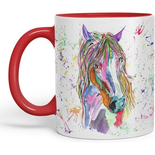 Eryi-Tasse Colorée À L`Aquarelle Avec Motif De Cheval Et D`Arc-En-Ciel - Idéale Comme Cadeau D'anniversaire, De Travail, De Bureau, De Noël, - Tasse À Thé Ou Café (Rouge)