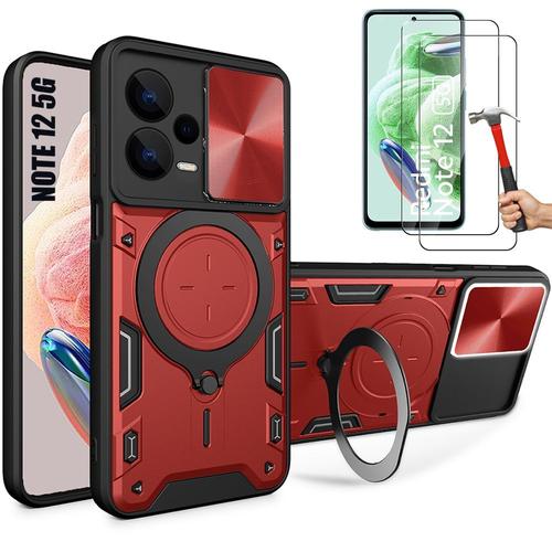 Coque Pour Xiaomi Redmi Note 12 5g + 2 Verres Trempés, Coque Rouge Antichoc Rigide Avec Protection Caméra
