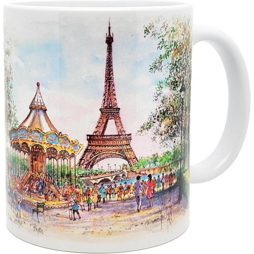 Eryi-- Paris, Le Carrousel De La Tour Eiffel En Aquarelle - Mug Céramique 325 Ml - Tasse-Cadeau Unique Avec Les Magnifiques Paysages Parisiens - Imprimé En France - Blanc Brillant