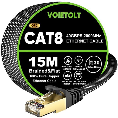 ERYI-Cat 8 Câble Ethernet 15M, 40Gbps/2000Mhz Haut Débit S/Ftp Cable Internet, Plat Tresse Rj45 Gigabit Cable Lan Pour Ps4/5, Ordinateur, Modem, Pc, Tv