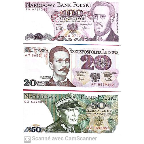 Lot 3 Billets Pologne : 100 Zlotych 1988 / 20 1982 / 50 1988 Unc