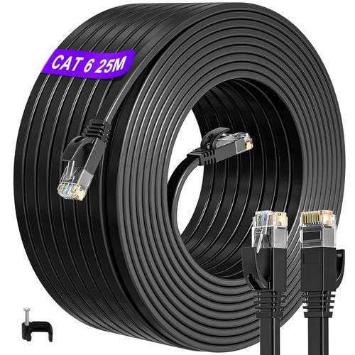 ERYI-Cable Ethernet 25M, Cable Rj45 Haute Vitesse Cat 6 Câble Réseau Extérieur Intérieur, Plat Câble Internet 25 Mètres 1000Mbps Imperméable Cable Lan Noir Pour Routeur Ps4/5 Switch (25 Clips)