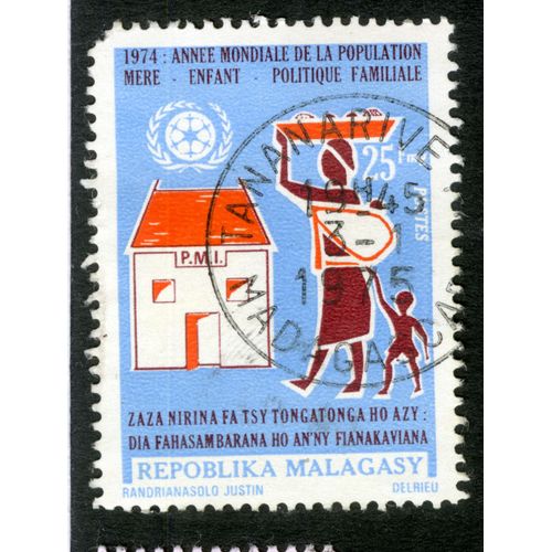 Timbre Oblitéré Repoblika Malagasy, 1974-Année Mondiale De La Population ,Mère,Enfant, Politique Familiale, 25 Fmg