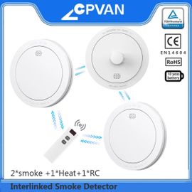 Détecteur de fumée interconnecté CPVAN, alarme de chaleur et détecteur d'alarme de monoxyde de carbone, batterie de 10 ans, alarme incendie sans fil certifiée Via-2smoke 1heat 1RC