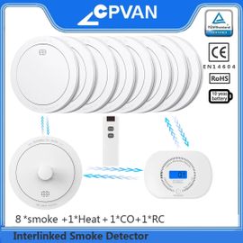 Détecteur de fumée interconnecté CPVAN, alarme de chaleur et détecteur d'alarme de monoxyde de carbone, batterie de 10 ans, alarme incendie sans fil certifiée Via-8smoke 1heat 1CO 1RC