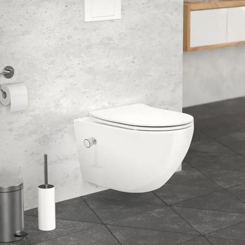 ECD Germany White Ceramic Wall-Mounted Toilet with Bidet Function, Removable Thermosetting Plastic Self-Closing Toilet Seat with Dou