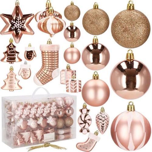 SPRINGOS® Boules de Noël 77 pcs. Décoration de sapin de Noël Différents ornements, Cônes, Bonbons, Étoiles pour d'arbre - Or / Rose