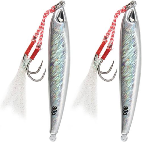 Kyaoayo-2pcs Jigs De Pêche Verticaux, Leurres De Pêche À Paillettes Jigs De Pêche Verticaux Leurre De Pêche Mer Leurre Artificiel À Lancer Long Plaque Fer Avec Hameçons Pour Thon, Bar, Mérou (80g)