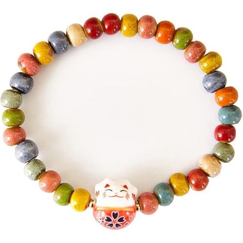 Bracelet Japonais Maneki Neko (¿¿¿) Porte Bonheur Perles Naturelles (18 Cm Réglable)