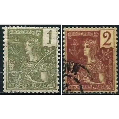 Indochine (Actuel Vietnam), Colonie Française 1904 - 1906, Beaux Timbres Neuf* / Oblitéré Yvert 24 Et 25, Type Grasset 1c. Vert Olive Et 2c. Lilas Brun Sur Gris,