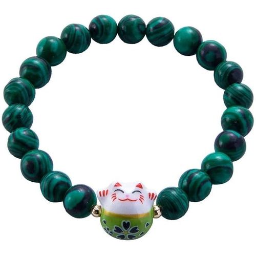 Bracelet Japonais Maneki Neko Porte Bonheur En Pierres Naturelles Vert Foncé (18cm Réglable)