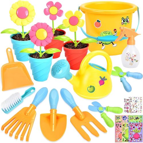 Kit Jardinage Enfant,28 Pièces Outillage de Jardin pour Enfants avec Pelle Arrosoir Rateau Pots de Plantes Seau Plage Set Jardinage Enfant,Jouet Exterieur Outils Jardinage Enfant 3 Ans+
