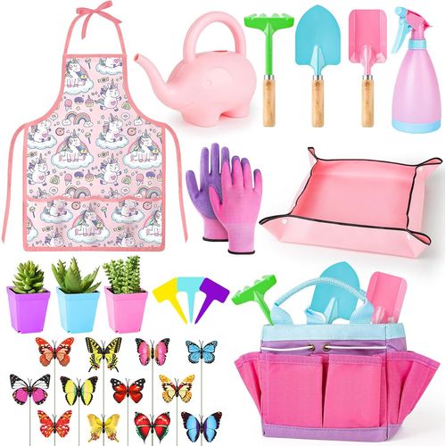 Ensemble d'Outils de Jardinage,Comprenant Une Pelle sûre,Un Râteau,Une Fourche,des Gants,Un Tablier,Un Arrosoir et Un Sac en Toile,Kit de Jardinage pour Garçons et Filles de 3 Ans+,Rose