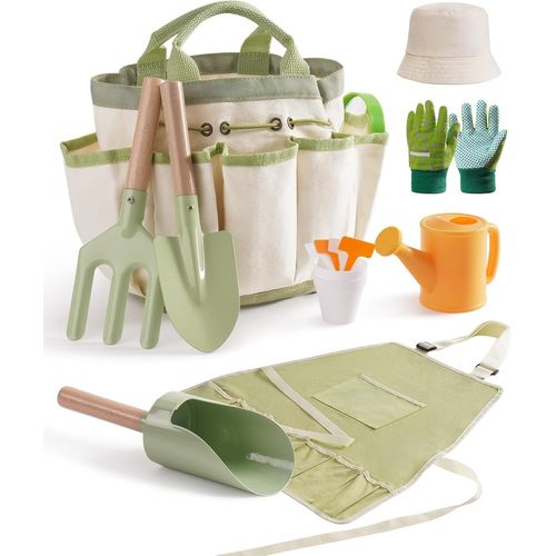 Ensemble Jardinage Enfant 18 Pièces,Kit Outils Jardin avec Tablier,Pelle,Fourche,Arrosoir,Pelle Cylindrique,Jouet Éducatif Extérieur pour Garçons et Filles 3+ Ans