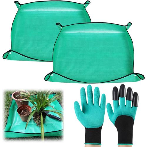 Tapis de Jardinage Pliable,2 Pièces,Tapis de Jardinage,Tapis Rempotage Jardin,Feuille de Plastique PE,Imperméable Double Face,avec des Gants de Jardinage,Vert,Tapis de Jardinage
