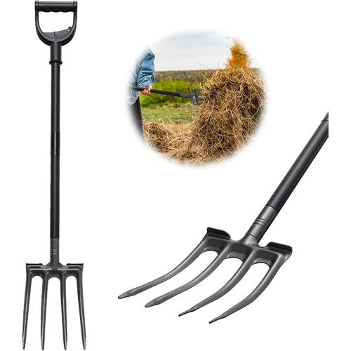 Fourche à bêcher,pour nettoyer la terre en vrac et le foin des surfaces,fourche à fumier avec 4 dents noires pour le jardinage,pelle avec métal,116 cm,fourche à foin,outils de jardinage