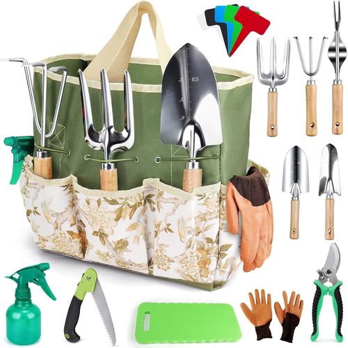 Outillage de Jardin,12 Pièces Ensemble de Jardinage en Acier Inoxydable avec Rangement Outils Jardin,avec Poignée de Bois,Griffe,Fourche,Pelle Jardinage,Cadeaux pour Les Femmes et Les Hommes