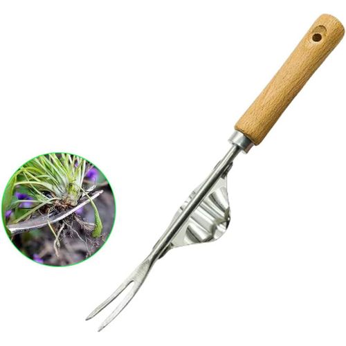Désherbeur manuel en acier inoxydable avec manche-Outil de jardinage-Outil de désherbage pour le jardin-Fourche de jardinage avec manche en bois naturel-Pour creuser,désherber,desserrer 30,5