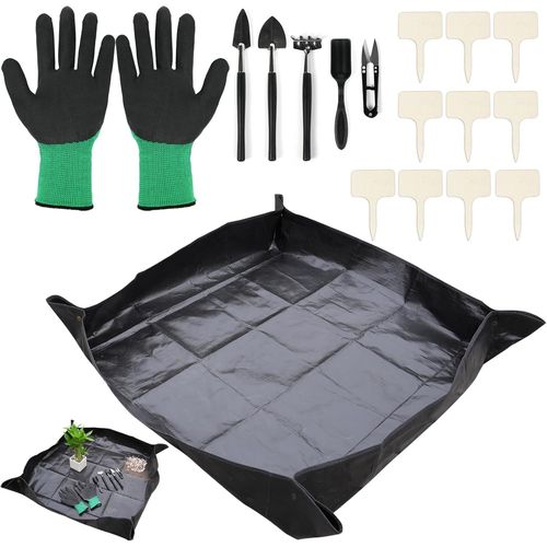 Tapis de Plantation et Tapis de Jardinage ¿ Kit 17 Pièces (100x100cm,Noir) Idéal pour Le Rempotage,Plantes d¿Intérieur et Succulentes,avec Outils,Gants et Étiquettes