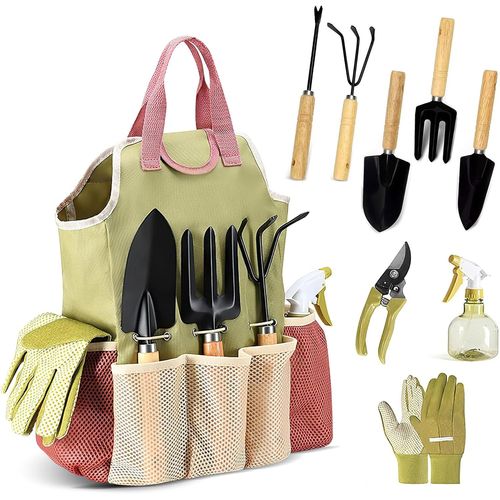 Outillage de Jardin,9 Pièces Ensemble de Jardinage en Acier Inoxydable avec Rangement Outils Jardin,avec Poignée de Bois,Griffe,Fourche,Pelle Jardinage,Cadeaux pour Les Femmes et Les Hommes
