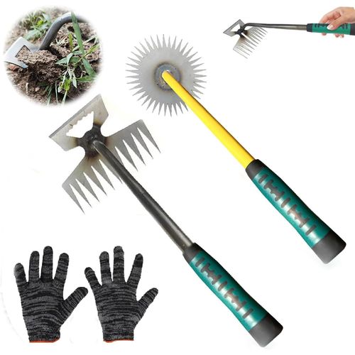 Lot de 3 désherbeurs manuels pour le jardinage-Avec 10 dents-2 en 1-En acier inoxydable-Tête de tournesol-Outils de désherbage et gants-Pour creuser,désherber