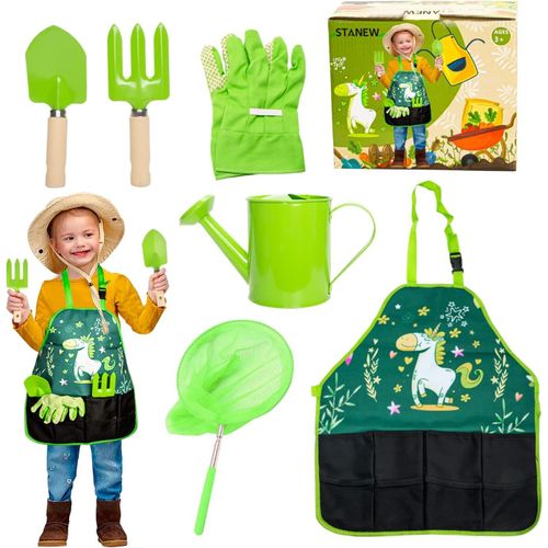 Ensemble d'outils de jardinage pour enfants avec filet de pêche,tablier et bouilloire,vert,taille unique