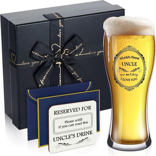 Set De Verre À Bière 450 Ml Chope À Bière Gravé World's Finest Carte De V?ux Pour Père Sous-Verre En Bois Massif Verre À Pinte Pour Fête Des Pères Cadeau Anniversaire Noël (Uncle)