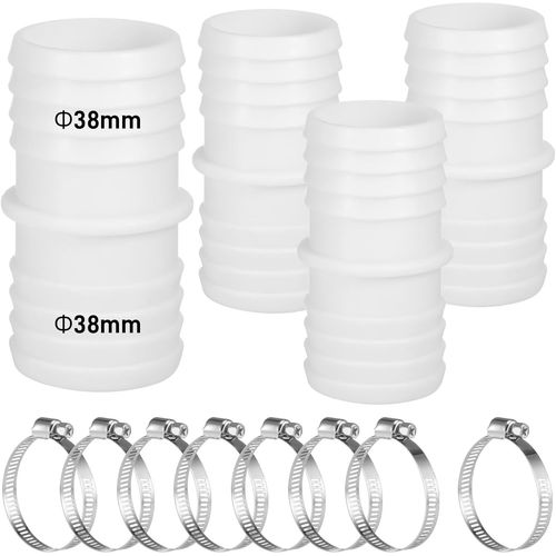 4pcs Raccord Tuyau Piscine 38mm,Double Embout de Tuyau Adaptateur de Tuyau 38mm avec 8pcs Colliers de Serrage Universels en Acier Inoxydable
