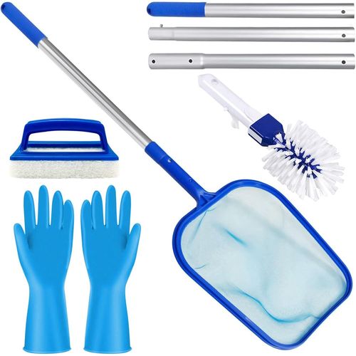 Lot de 4 épuisettes de piscine avec manche télescopique,brosse de piscine,éponge de nettoyage,gants en caoutchouc,accessoires de nettoyage pour piscine,aquarium