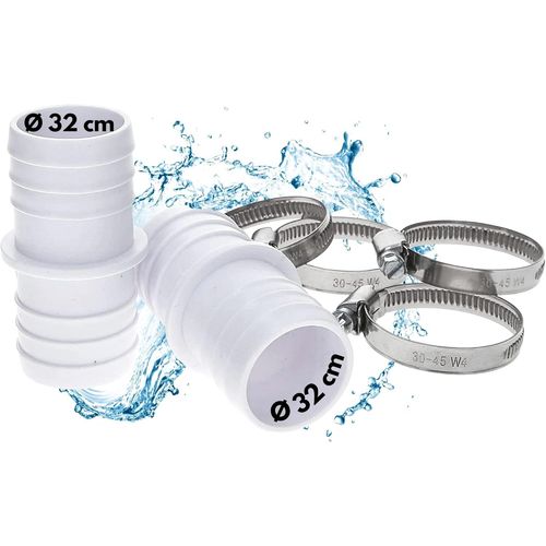 Lot de 6 embouts de tuyau I 2 raccords de tuyau 32/32 mm I 4 colliers de serrage en acier inoxydable V2A Ø 30-45 mm I Accessoires de piscine