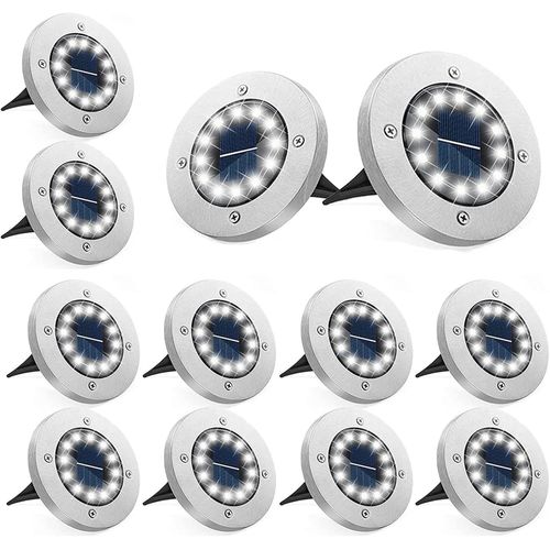 Lot De 12 Lampes Solaires D'extérieur À 12 Led Avec Panneau Solaire Mis À Niveau-Spot Décoratif Pour Pelouse,Trottoir,Piscine,Terrasses (Blanc Froid)