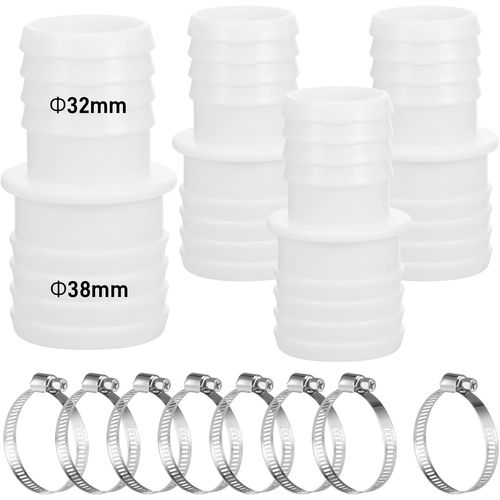 4pcs Raccord Tuyau Piscine 32mm et 38mm,Double Embout de Tuyau Adaptateur de Tuyau 32mm 38mm avec 8pcs Colliers de Serrage Universels en Acier Inoxydable