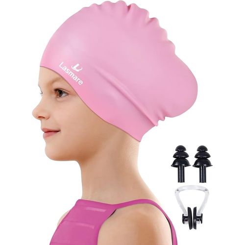 Bonnet De Bain Pour Enfant Avec Cheveux Longs,Pour Filles Et Garçons,En 2 Tailles,Âgés De 3 À 15 Ans,Étanche,Avec Bouchons D'oreilles Et Pince-Nez (Âge 3-8/Rose) 