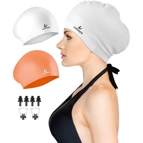 Lot De 2 Bonnets De Bain À Cheveux Longs En Silicone Pour Femme Et Homme Avec Bouchons D'oreilles Et Pince-Nez,Étanche Pour Garder Les Cheveux Au Sec (Orange Clair + Blanc) 