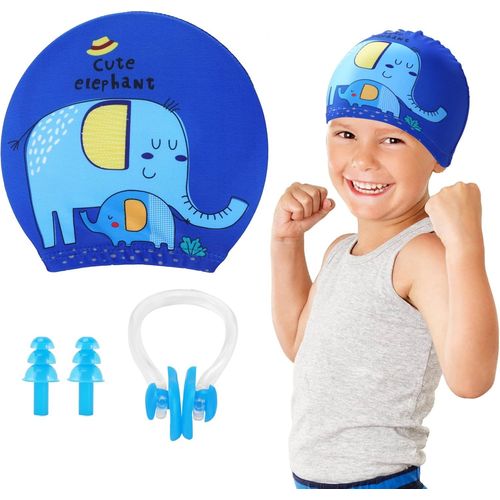 Bonnet De Bain Enfants,Éléphant Bleu Bonnets De Bain Mignons Enfants Pour Garçons Filles Bonnet De Bain Enfants Cheveux Longs Pour Enfants Âgés De 5 À 12 Ans Avec Bouchons D¿Oreille À Pince-Nez 