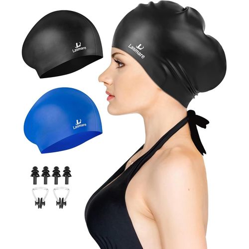 Lot De 2 Bonnets De Bain À Cheveux Longs En Silicone Pour Femme Et Homme Avec Bouchons D'oreilles Et Pince-Nez,Bonnet De Bain Imperméable Pour Garder Les Cheveux Au Sec (Noir + Bleu) 