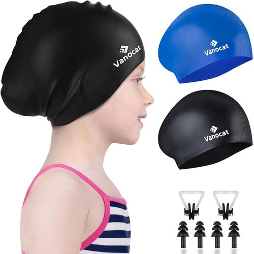 Lot De 2 Bonnets De Bain Pour Enfants-Cheveux Longs/Courts-Unisexe-Pour Filles Et Garçons De 3 À 15 Ans-Imperméables-Avec Bouchons D'oreilles Et Pince-Nez.[A259] 