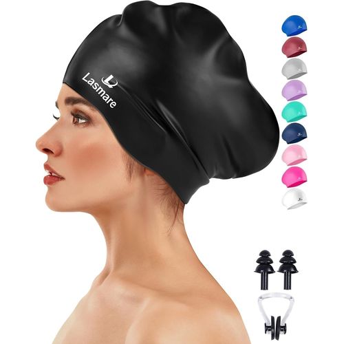 Grand Bonnet De Bain Pour Cheveux Longs Avec Espace Supplémentaire Pour Homme Et Femme,Bonnet De Bain En Silicone Pour Cheveux Longs Et Épais Avec Bouchons D'oreille,Pince-Nez,Bonnet De Bain 