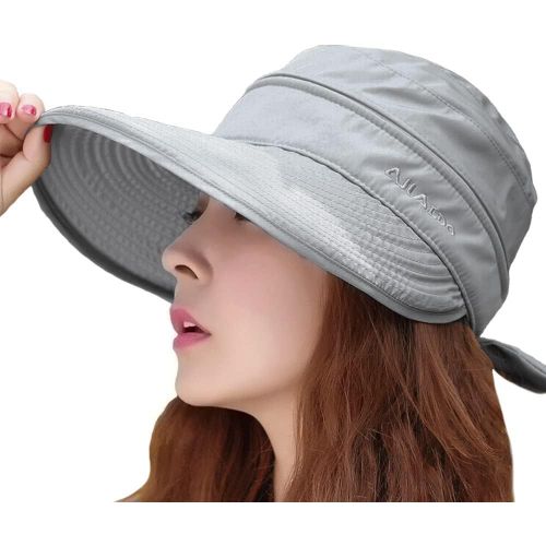 Chapeau De Soleil Détachable Pour Femme Avec Visière À Large Bord,Chapeau De Plage Réglable Et Pliable Avec N?Ud Papillon 2 En 1 Chapeau De Protection Solaire Uv Pour Camping,Cyclisme.[Z1097]