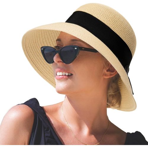 Comhats Chapeau De Paille À Large Bord Pour Femme,Chapeau D¿Été Pliable Avec N?Ud Papillon Pour La Plage,Convient Pour Queue De Cheval,Upf 50.[Z957]