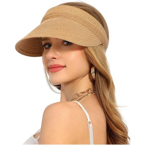 Chapeau Femme Soleil Casquettes Visière De Paille Bord Large Anti Uv D'été Plage Pliable Bonnets Upf 50.[Z1588]