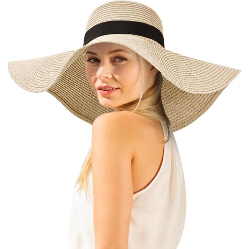 Chapeau De Paille À Large Bord,Chapeau De Plage Pliable Femmes Chapeaux De Soleil Chapeau De Solaire Avec N?Ud Pour Femme Upf 50+.[Z1181]