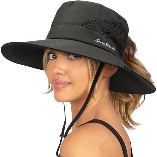 Femme Soleil Chapeau L'extérieur Uv Protection Pliable Large Bord Pêche À Cheval Queue Upf 50+.[Z11]