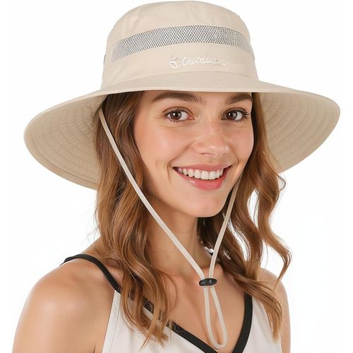Chapeau Femme Homme Soleil Outdoor Summer Pliable Réglable Protection Uv Chapeau De Brousse Queue De Cheval En Maille À Large Bord Pour Randonnée Pêche Plage Jardinage,Beige